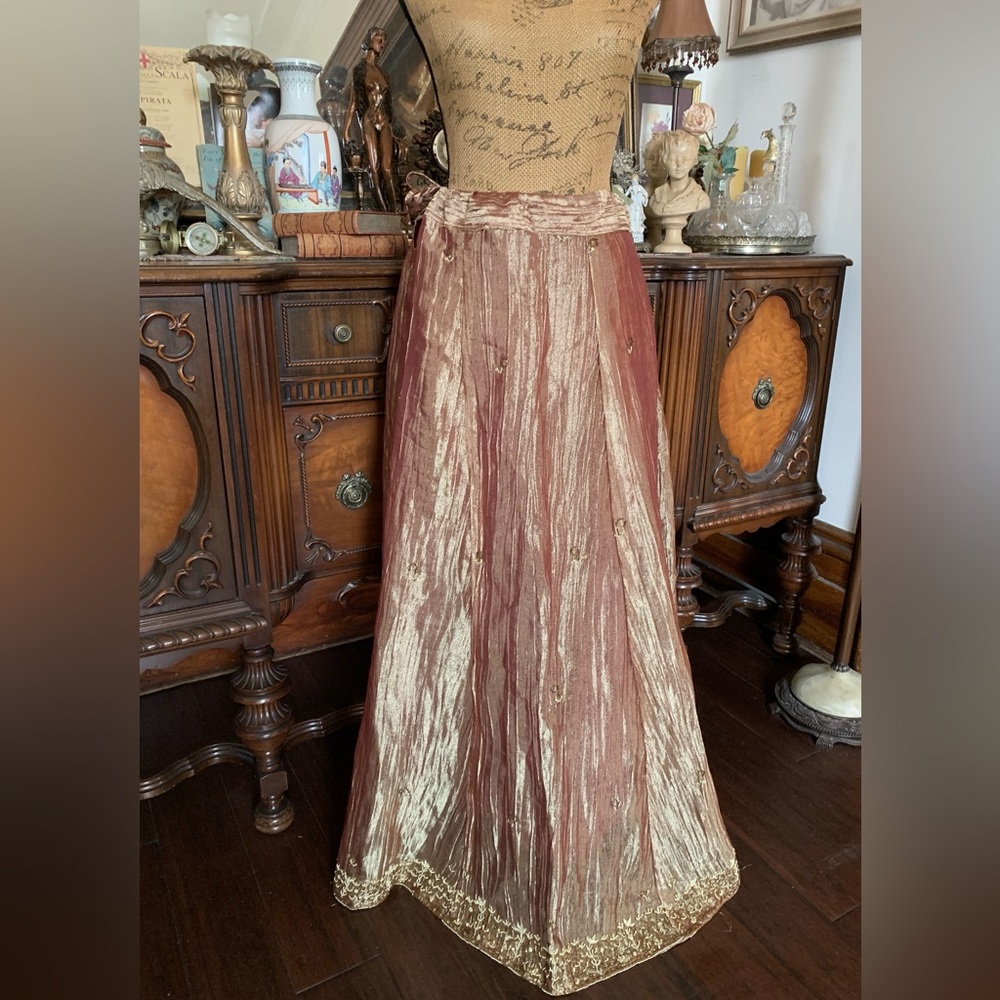 Vintage Indian Pakistani Boho Golden Metallic Organza Beaded Lehenga Skirt